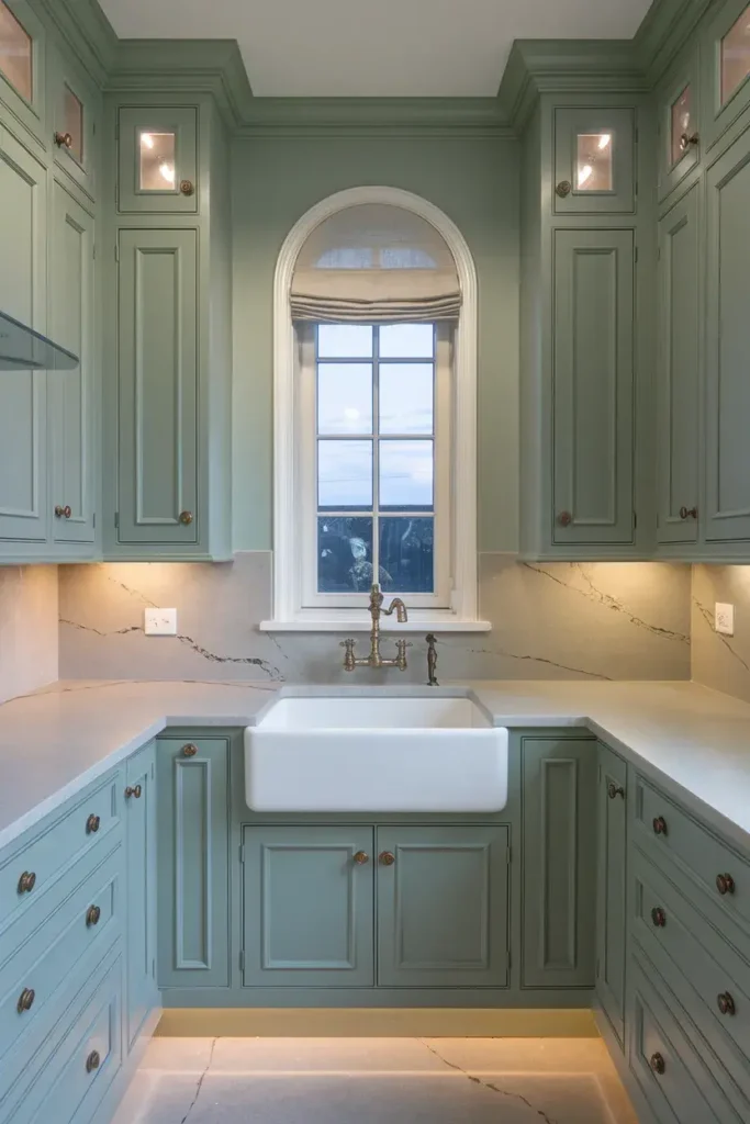 sage cabinetry quartzite kitchen symmetrical front view
