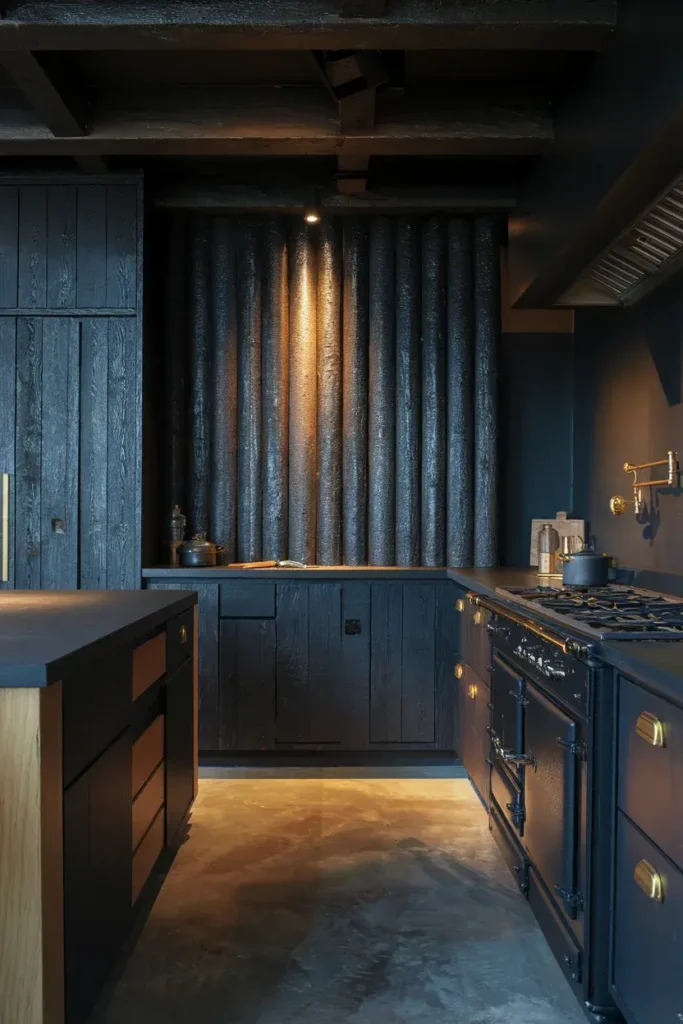 shou sugi ban kitchen low angle dark wood texture