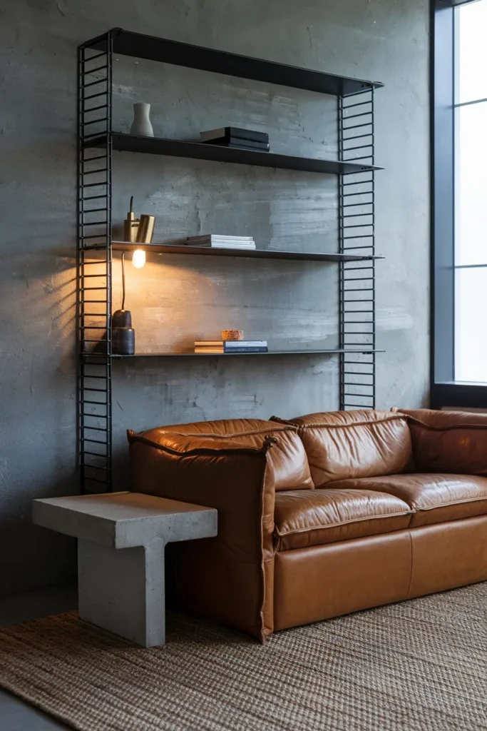small living room blackened steel shelving leather mix