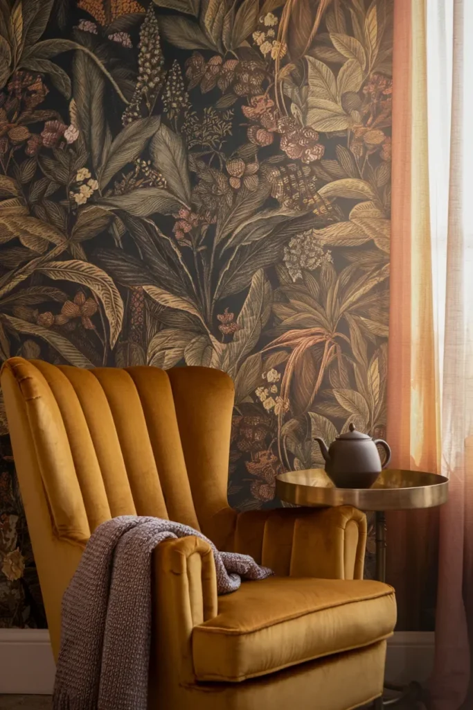 small living room bold pattern wallpaper cozy armchair