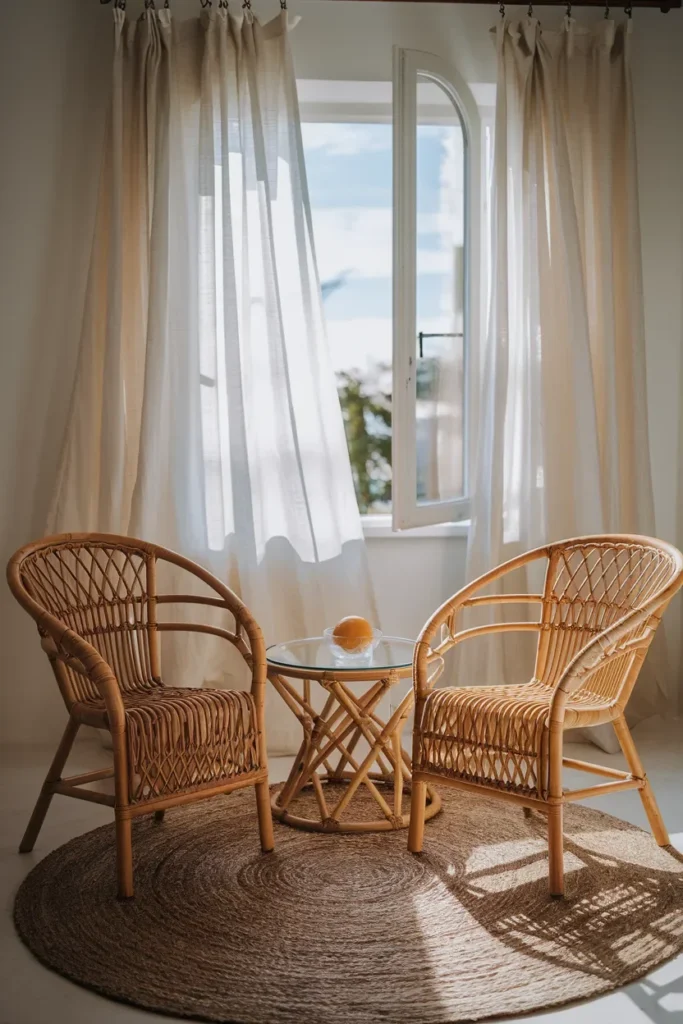 small living room bright morning light rattan chairs