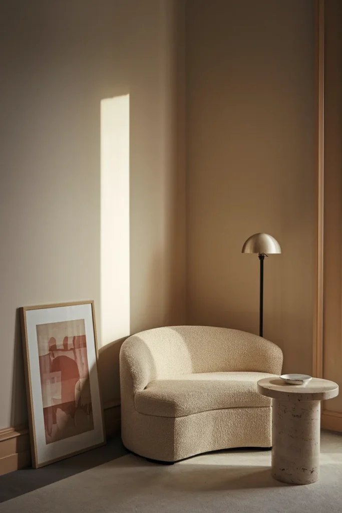 small living room corner nook curved boucle sofa