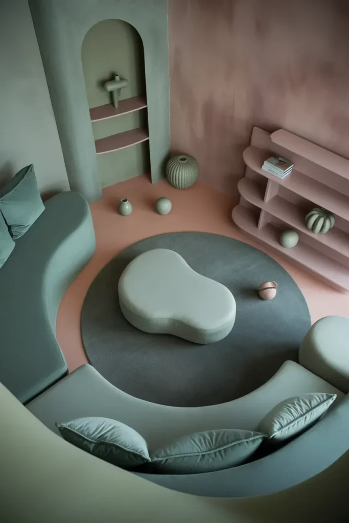 small living room curved furniture pastel geometric shapes