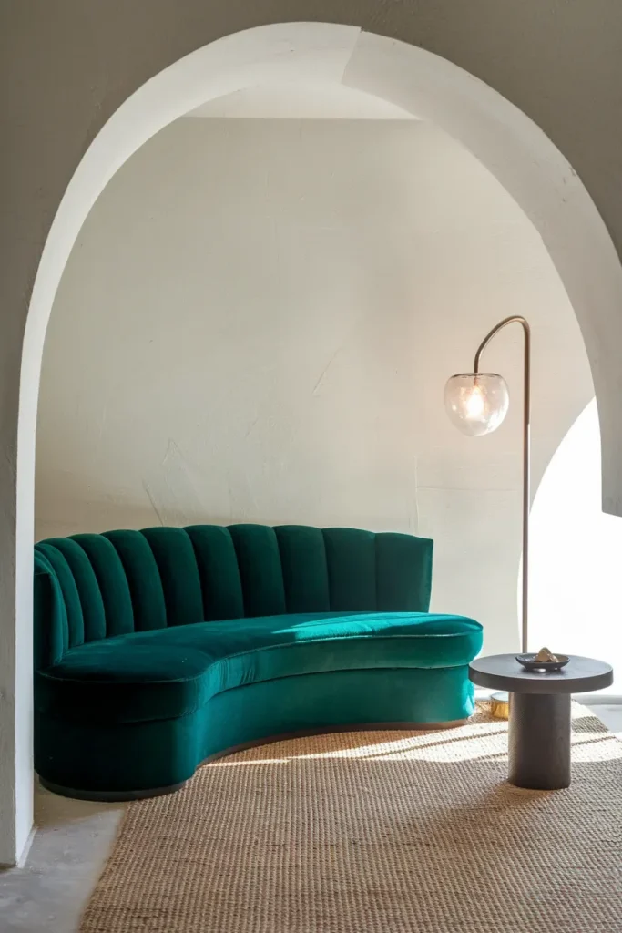small living room curved velvet sofa arched doorway