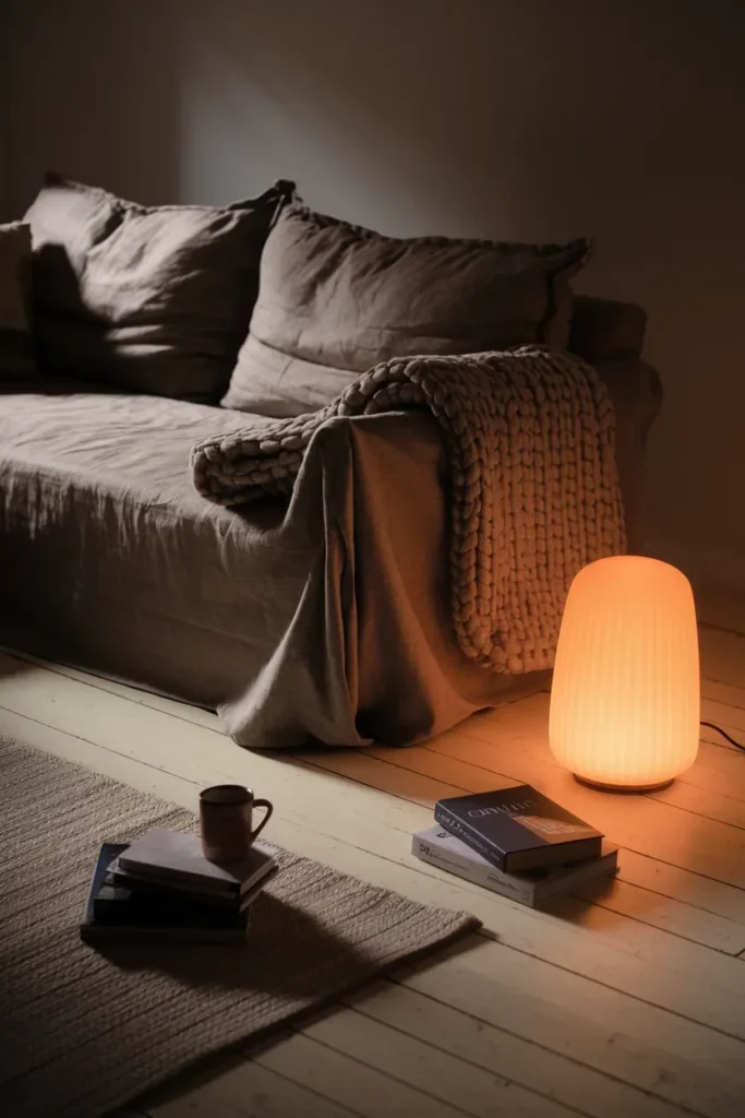 small living room evening wind down dim lamp glow