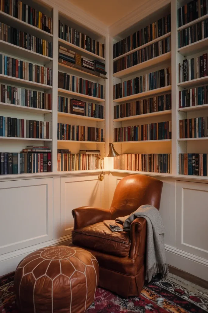 small living room floor to ceiling books reading nook