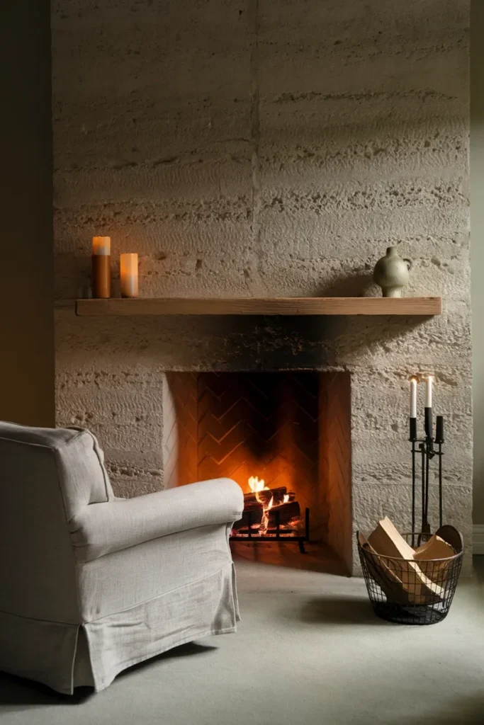 small living room limestone fireplace surround minimal