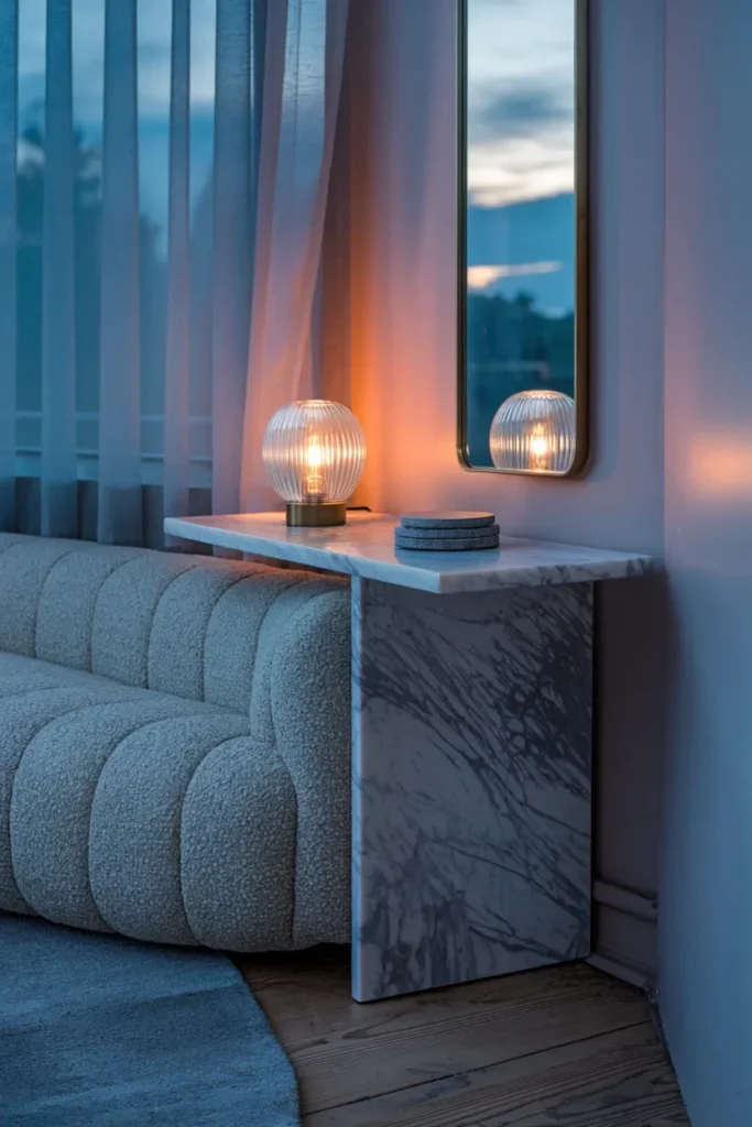 small living room marble console blue hour glow