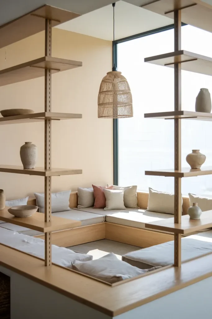 small living room open plan corner divider shelving