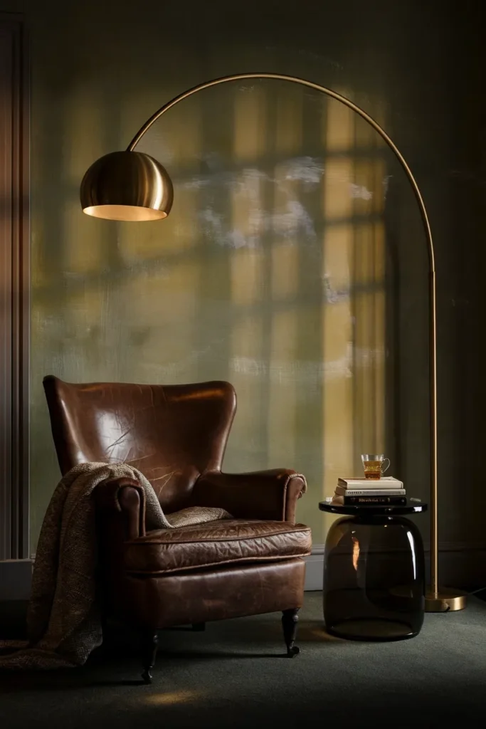 small living room plaster wall reading chair lamp glow