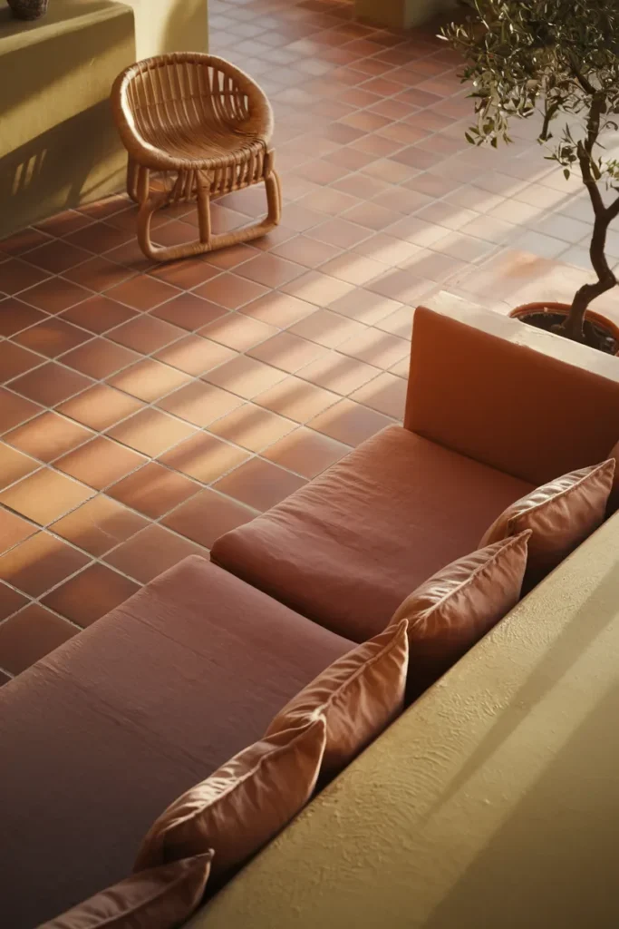 small living room terracotta tile floor warm clay tones