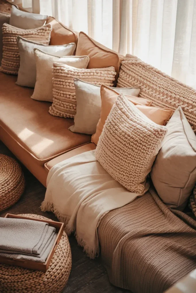 small living room textile heavy knit throws layered