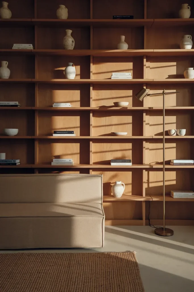 small living room walnut shelving golden hour