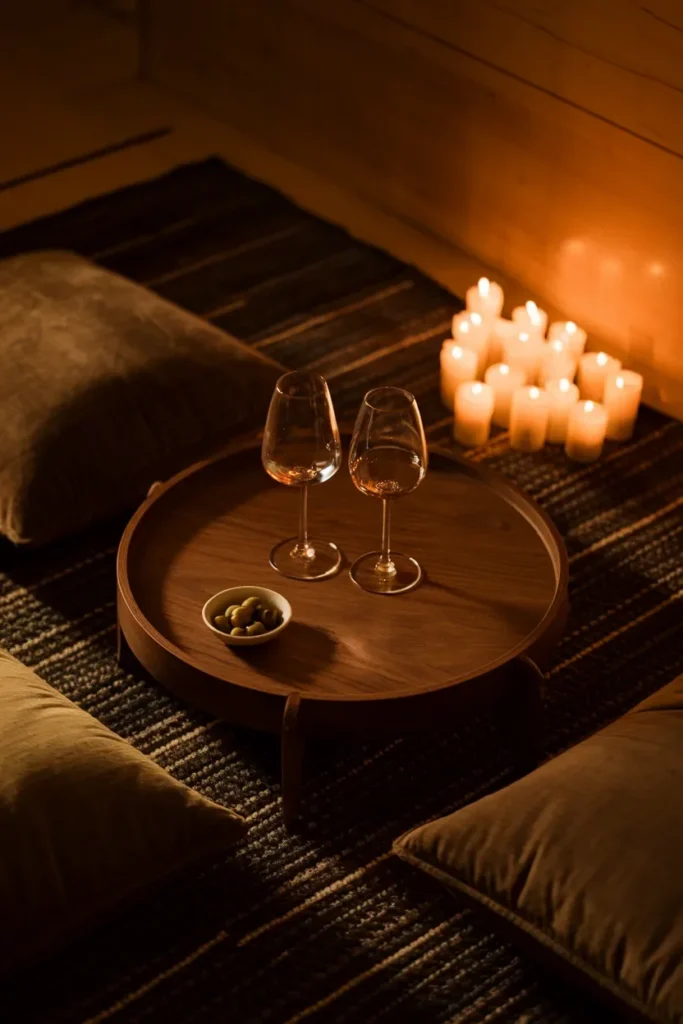 small living room wine night low table candlelight