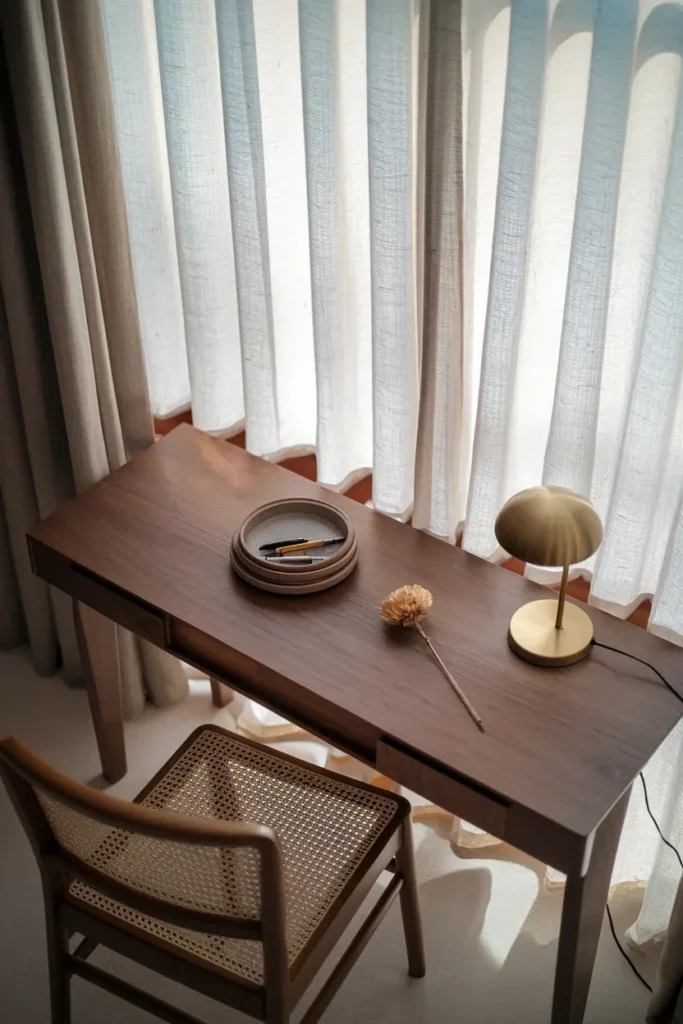 small living room work corner walnut desk linen drapery