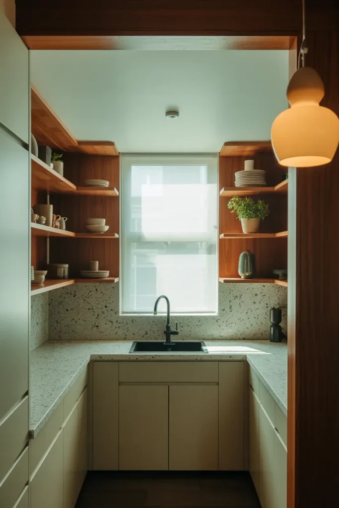 small white kitchen open shelving compact layout