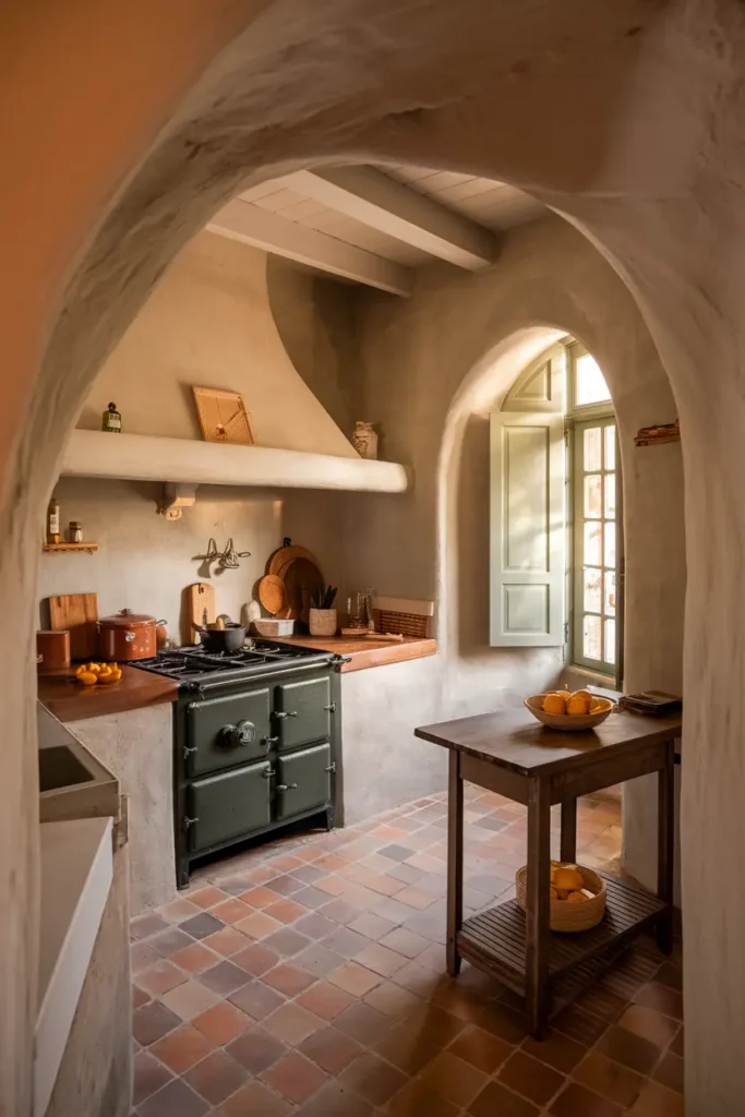 terracotta kitchen plaster walls arched stove nook