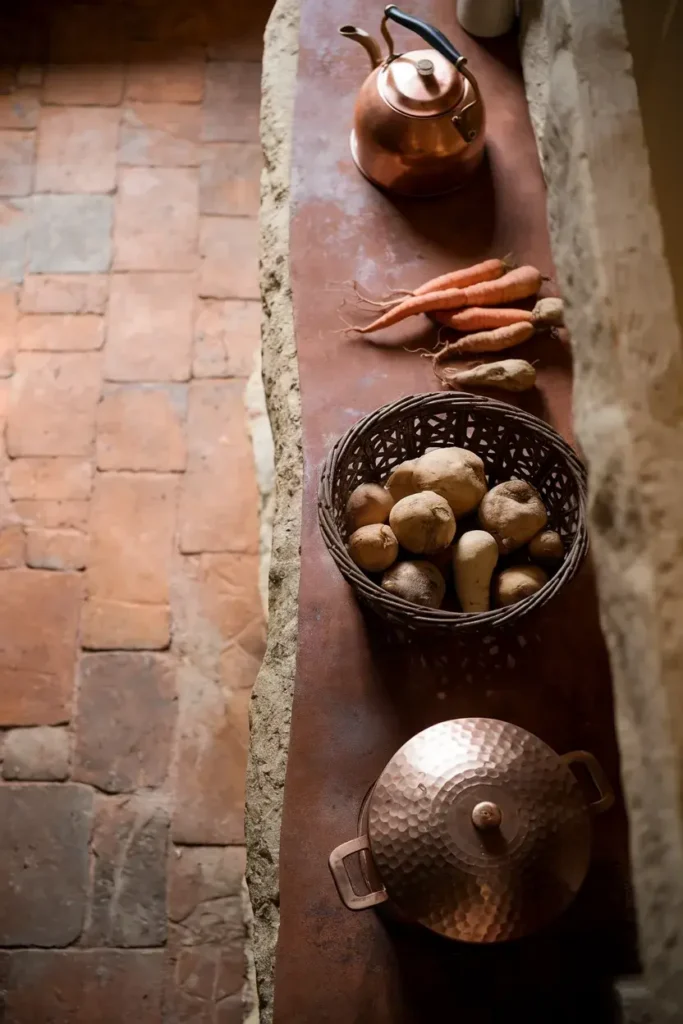 terracotta tile stone kitchen overhead rustic texture
