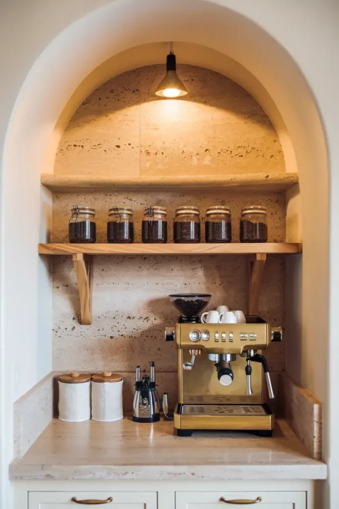 travertine coffee corner tight crop amber light