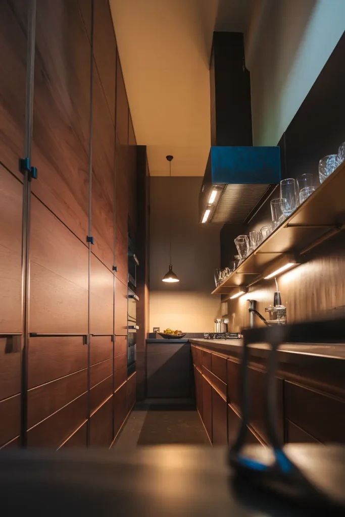 walnut galley kitchen low angle brass shelving