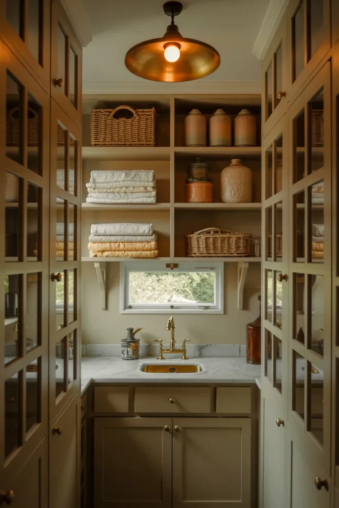 white butlers pantry glass cabinets brass hardware