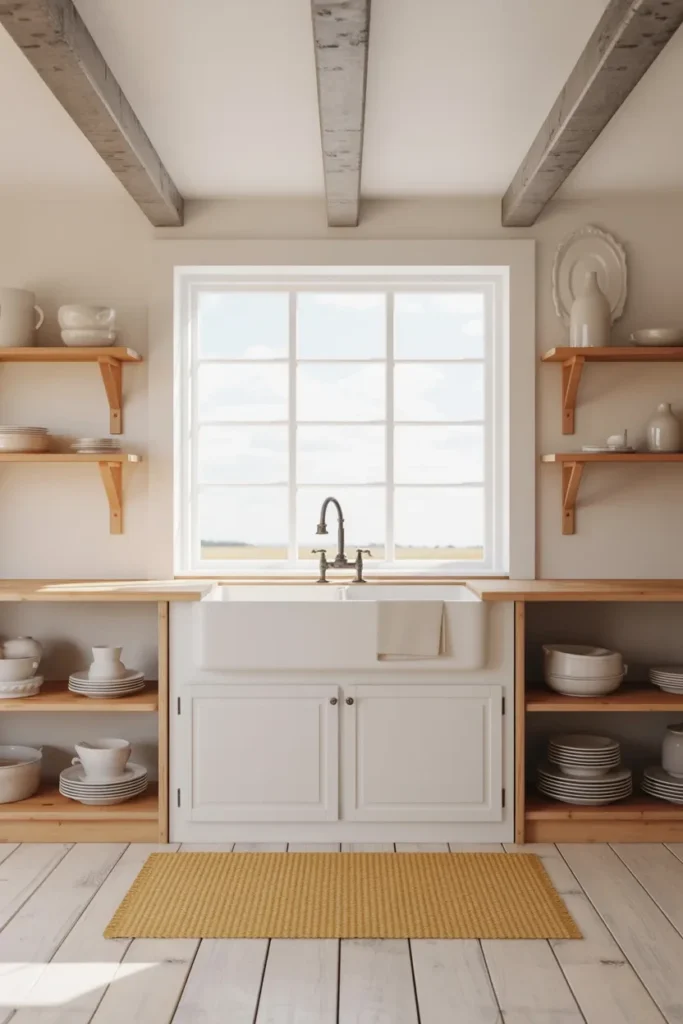 white farmhouse kitchen apron sink wood beams