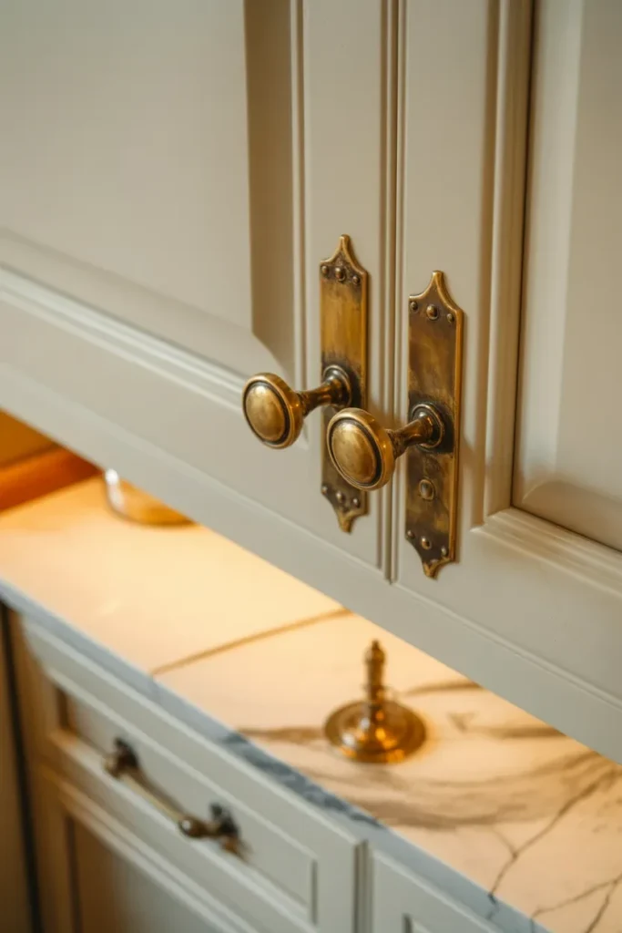 white kitchen antique brass hardware vintage detail