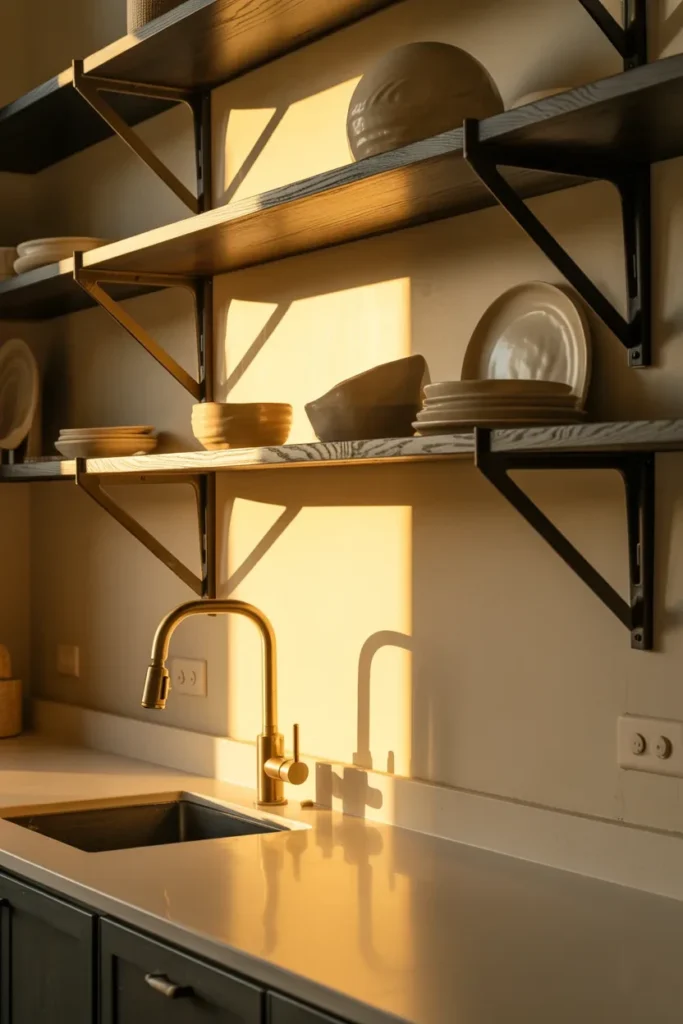 white kitchen blackened steel shelving sunset glow