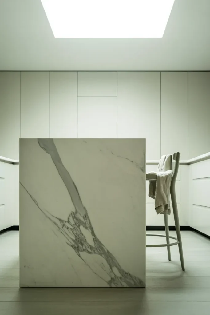 white kitchen calacatta marble waterfall island