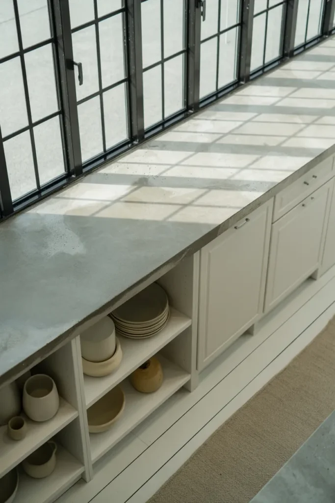 white kitchen concrete countertop black window frames