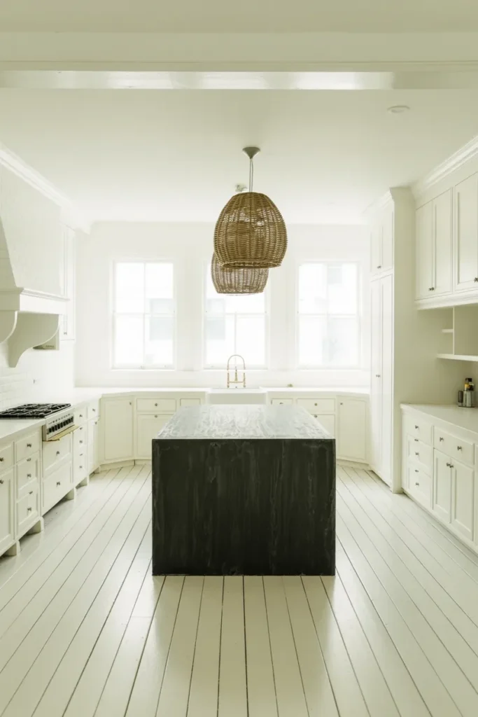 white kitchen dark stone island contrast anchor