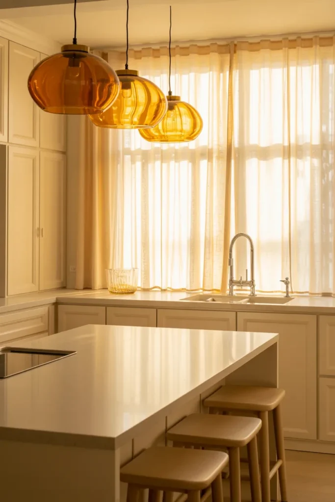 white kitchen island pendant lights soft afternoon glow
