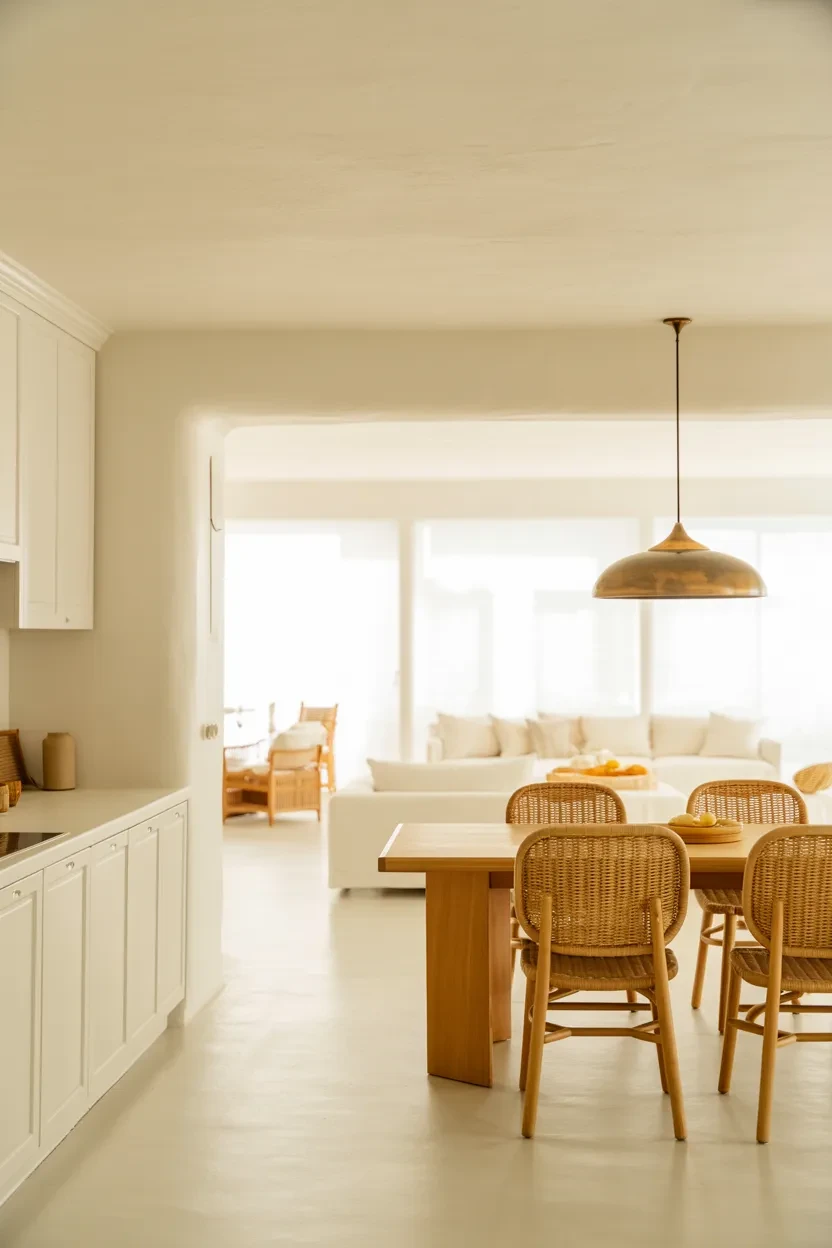 white kitchen open concept dining living sightline