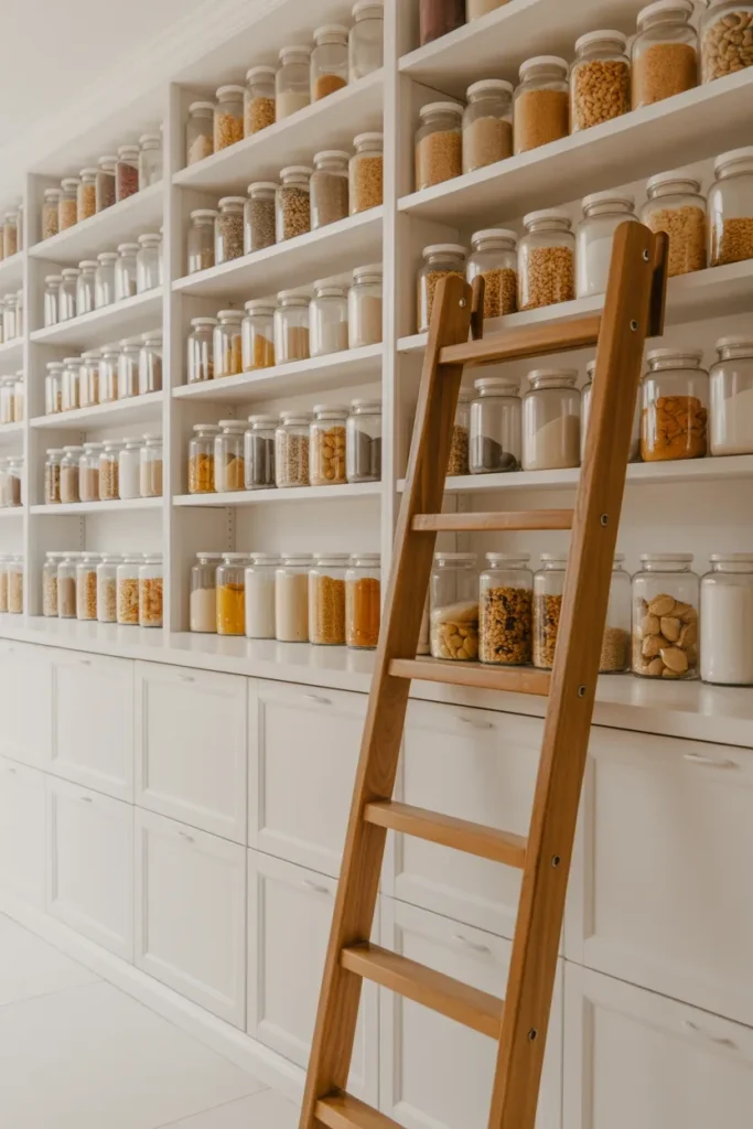 white kitchen open shelving pantry wall glass jars
