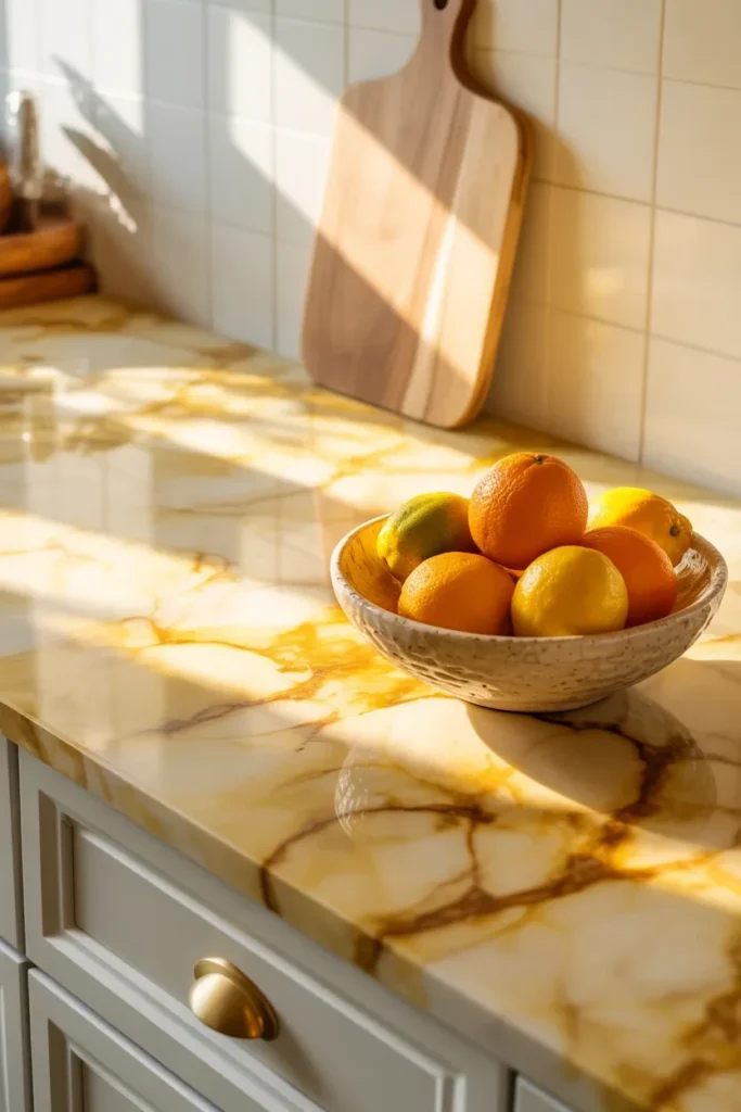 white kitchen quartzite counter warm gold veining