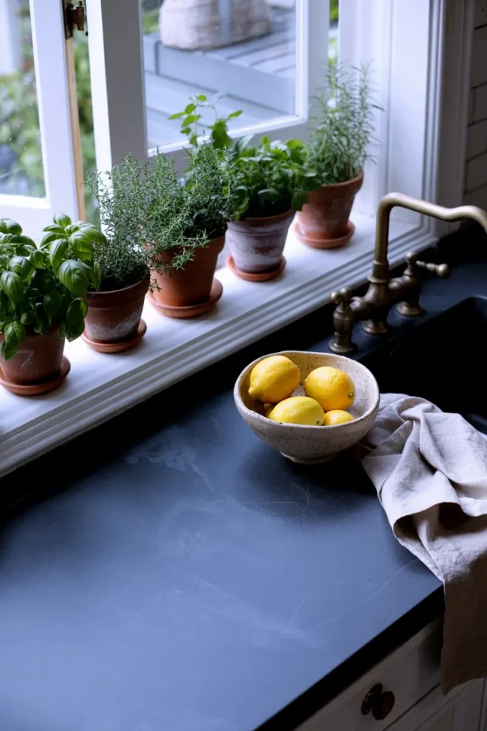 white kitchen soapstone counter open window herbs