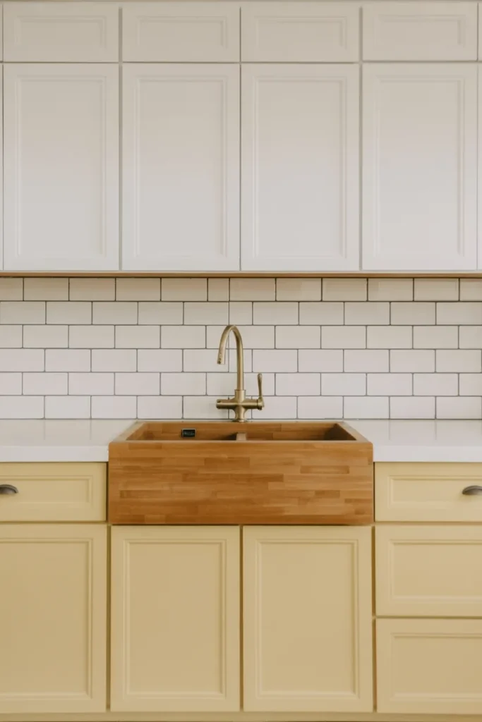white kitchen two tone cabinets cream lower white upper
