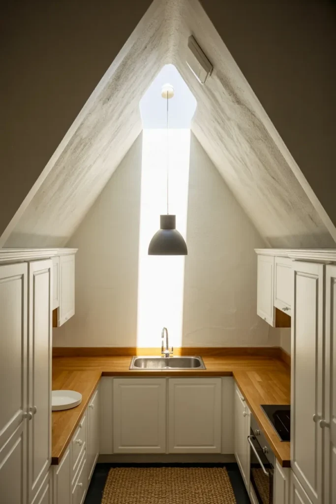 white kitchen vaulted ceiling skylight compact nook