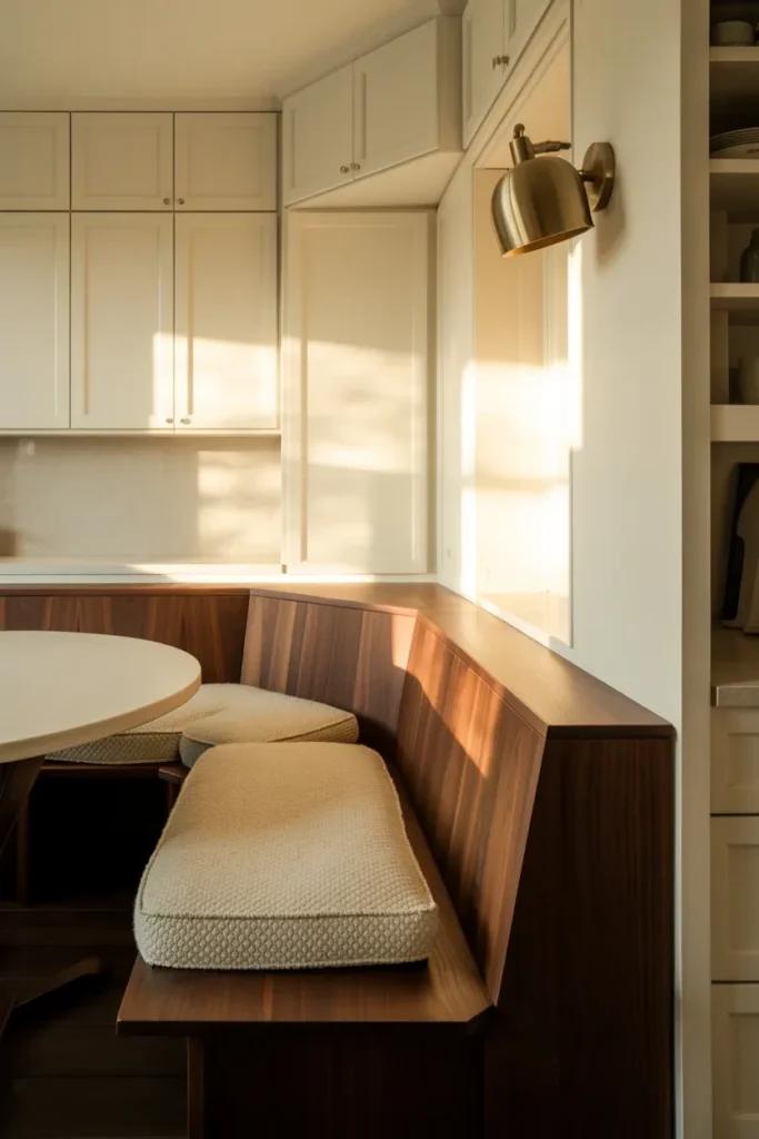 white kitchen walnut island built in banquette