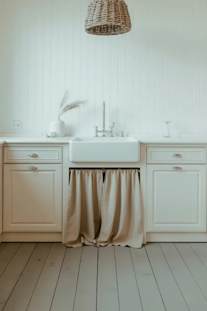 white kitchen weathered oak floor linen curtain coastal
