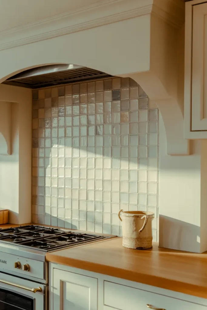 white kitchen zellige tile backsplash arched niche