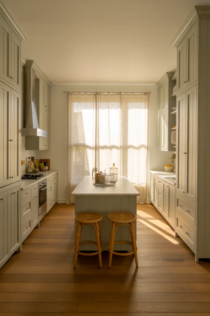 white shaker kitchen marble island morning light