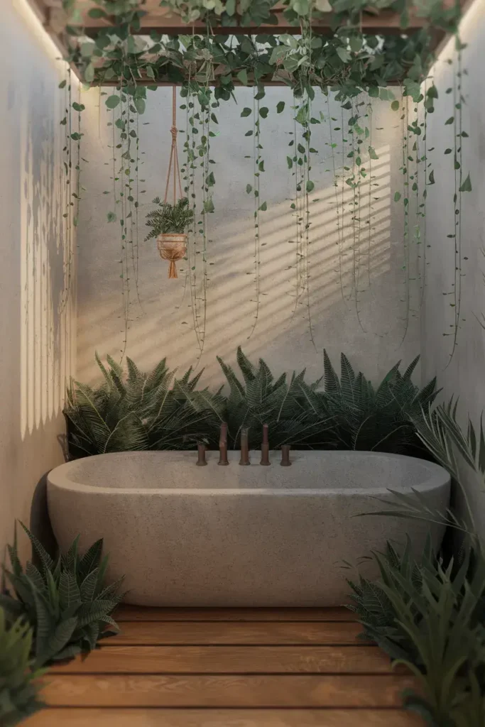 bathroom hanging plants stone tub greenery