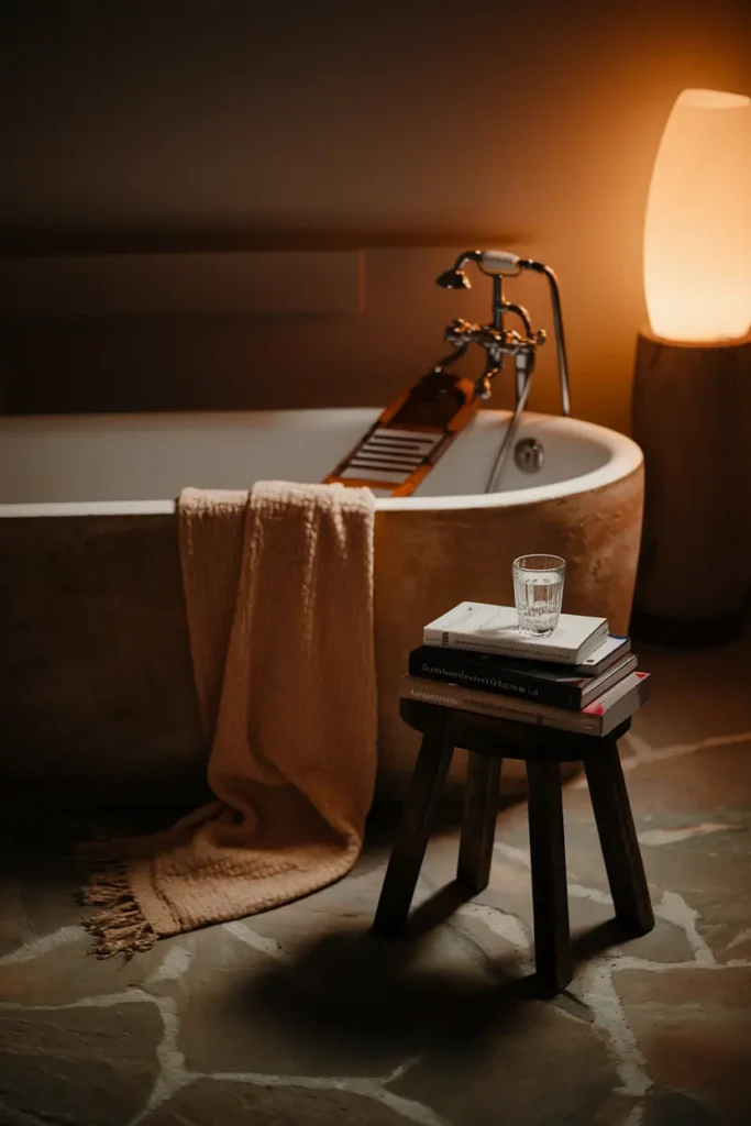 bathroom reading nook tub side table books