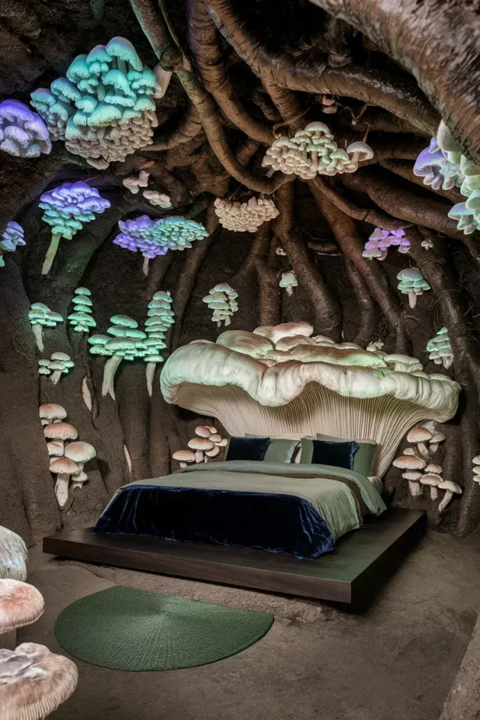 bioluminescent mushroom forest bedroom