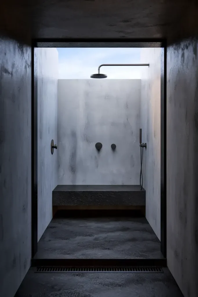 charcoal wet room open shower stone bench