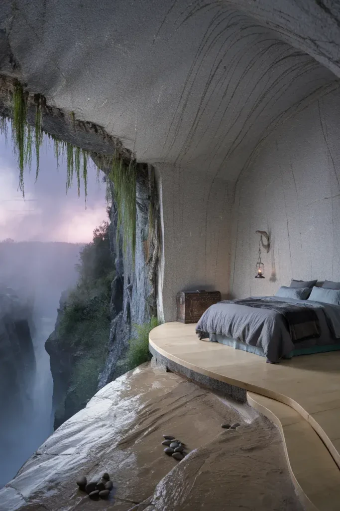 cliffside waterfall cave bedroom