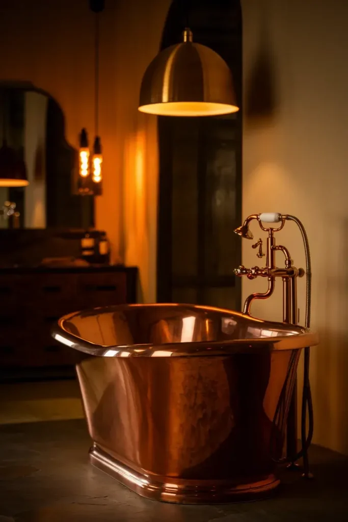 copper tub warm glow dark wood vanity