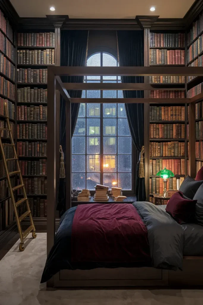 dark academia library bedroom midnight