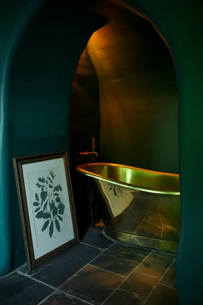 dark green bathroom brass tub botanical print